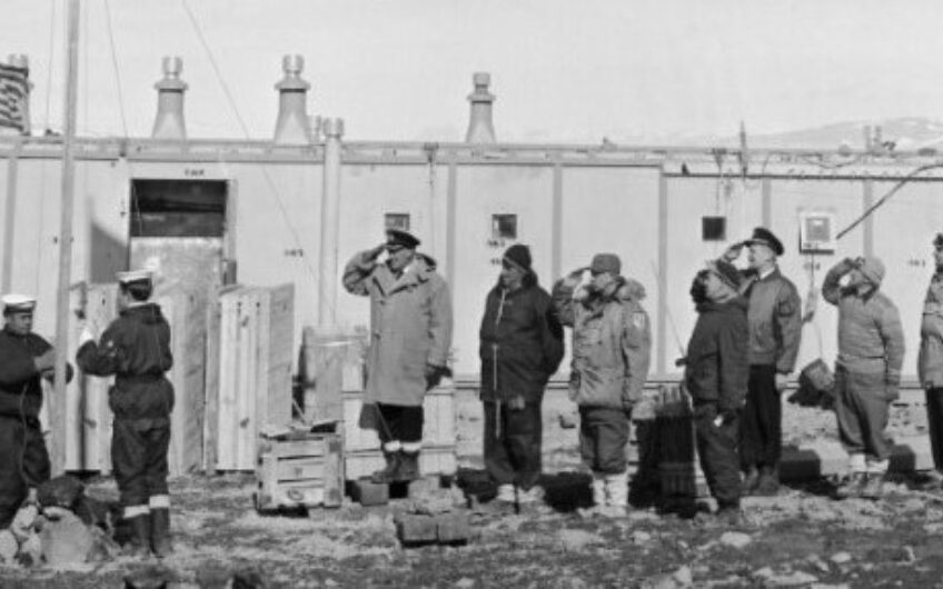 Flag raising ceremony at Scott Base on 20 January 1957 Photo by John Claydon Medium crop